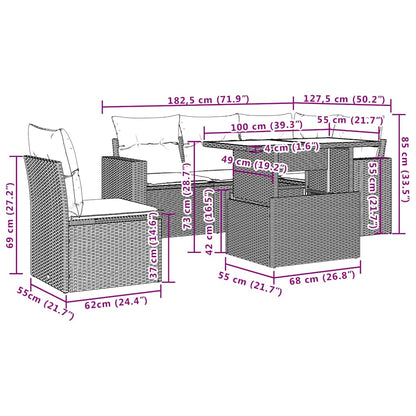 6-teiliges Gartensofa-Set mit Kissen, grau, Polyrattan