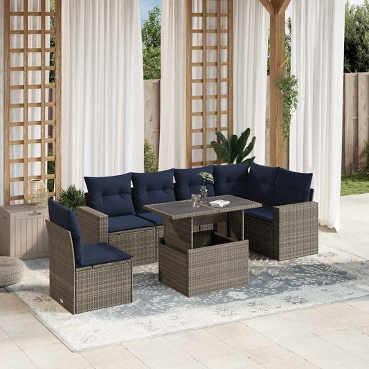 7-teiliges Gartensofa-Set mit Kissen, grau, Polyrattan