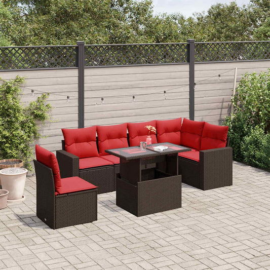 7-teiliges Gartensofa-Set mit Kissen, braun, Polyrattan