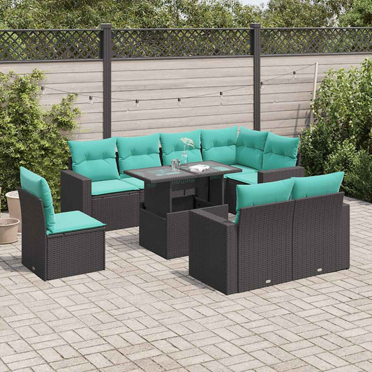 9-teiliges Gartensofa-Set mit Kissen, schwarzes Polyrattan