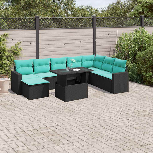 9-teiliges Gartensofa-Set mit Kissen, schwarzes Polyrattan