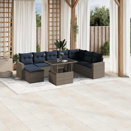 9-teiliges Gartensofa-Set mit Kissen, grau, Polyrattan