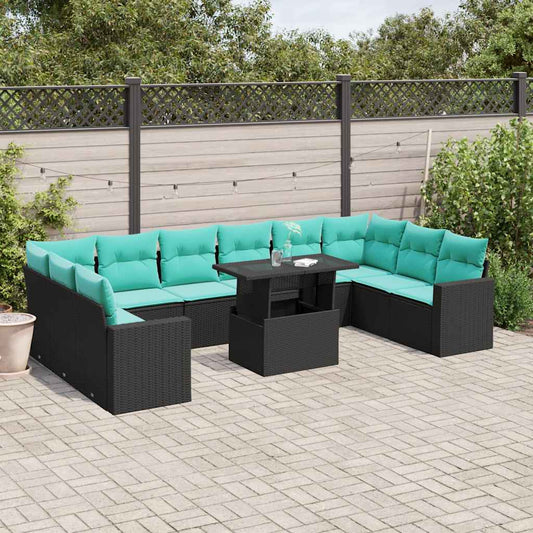 11-teiliges Gartensofa-Set mit Kissen, schwarzes Polyrattan