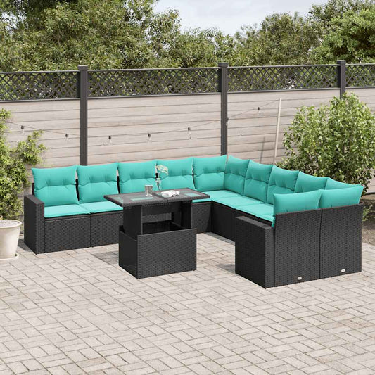 11-teiliges Gartensofa-Set mit Kissen, schwarzes Polyrattan