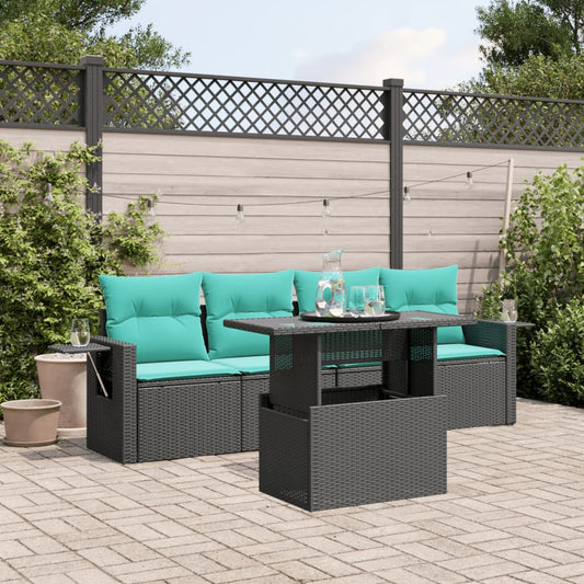 5-teiliges Gartensofa-Set mit Kissen, schwarzes Polyrattan