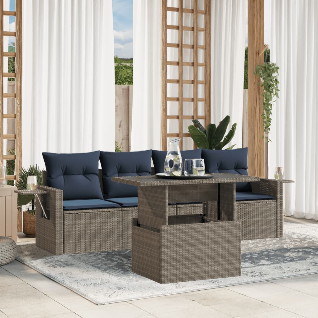 5-teiliges Gartensofa-Set mit Kissen, grau, Polyrattan