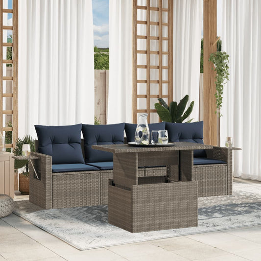 5-teiliges Gartensofa-Set mit Kissen, grau, Polyrattan
