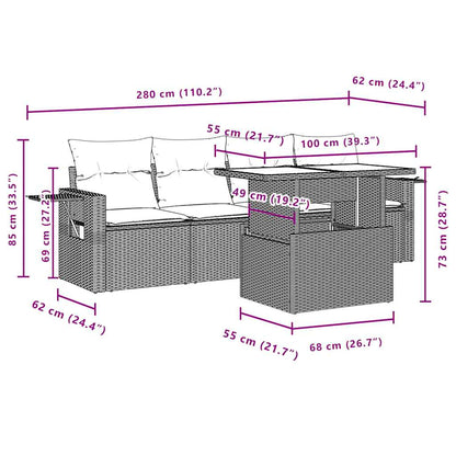 5-teiliges Gartensofa-Set mit Kissen, grau, Polyrattan
