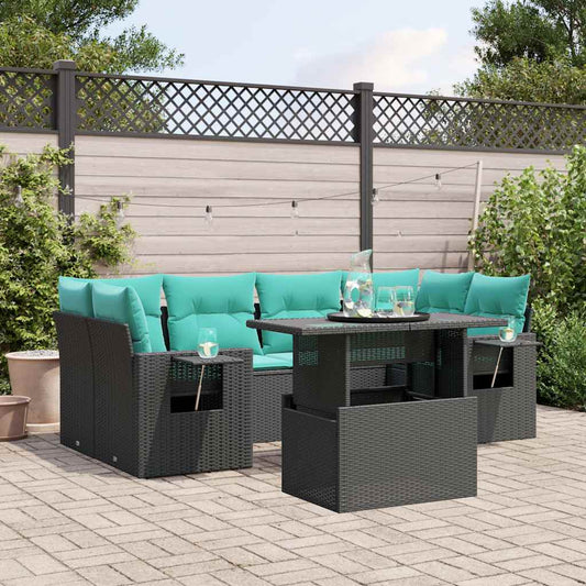 7-teiliges Gartensofa-Set mit Kissen, schwarzes Polyrattan