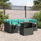 7-teiliges Gartensofa-Set mit Kissen, schwarzes Polyrattan