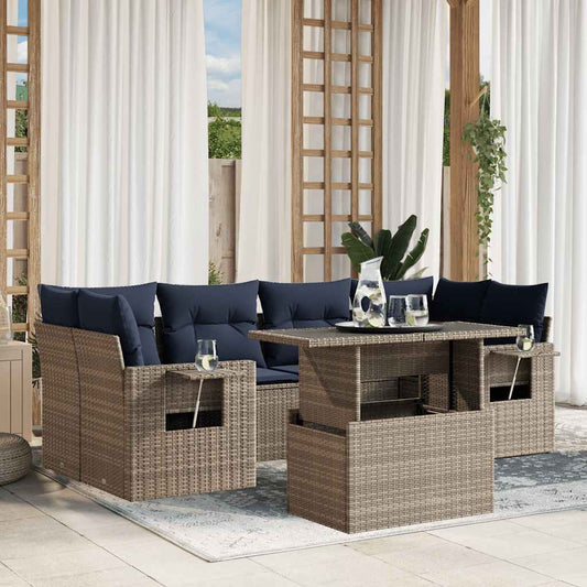 7-teiliges Gartensofa-Set mit Kissen, grau, Polyrattan