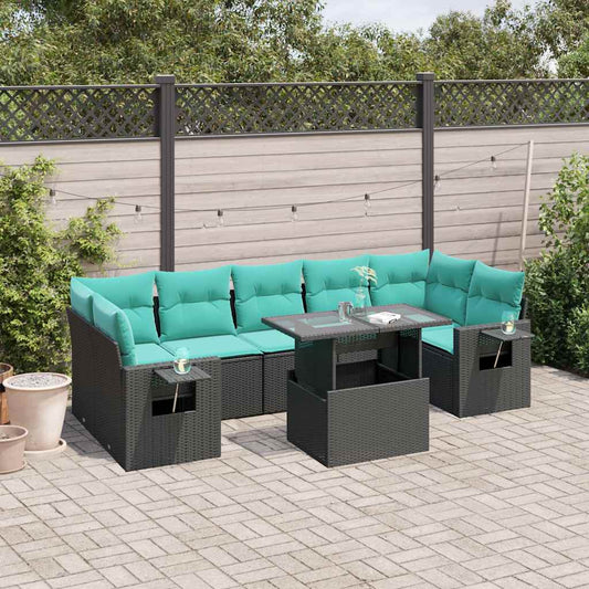 8-teiliges Gartensofa-Set mit Kissen, schwarzes Polyrattan