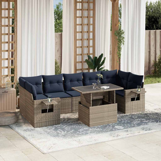8-teiliges Gartensofa-Set mit Kissen, grau, Polyrattan