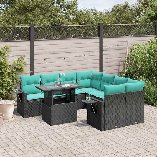 9-teiliges Gartensofa-Set mit Kissen, schwarzes Polyrattan
