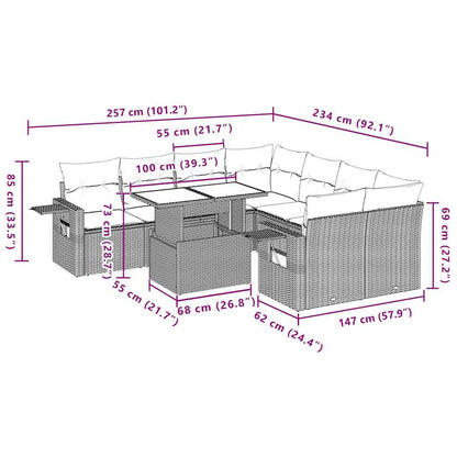 9-teiliges Gartensofa-Set mit Kissen, schwarzes Polyrattan