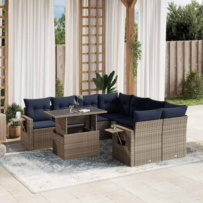 9-teiliges Gartensofa-Set mit Kissen, grau, Polyrattan