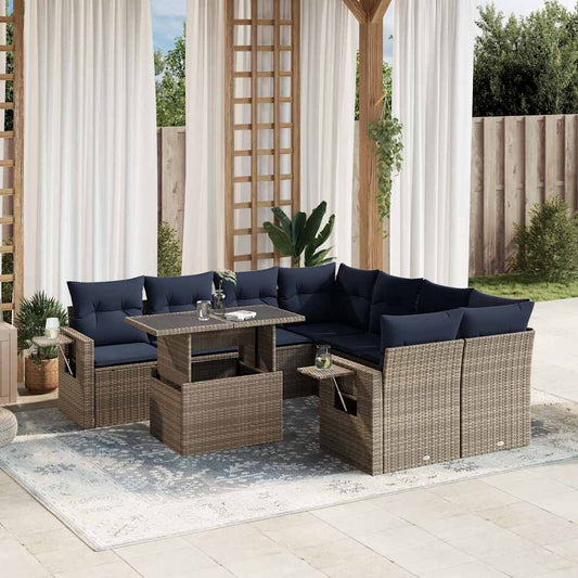 9-teiliges Gartensofa-Set mit Kissen, grau, Polyrattan