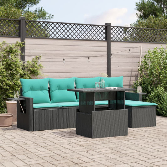 6-teiliges Gartensofa-Set mit Kissen, schwarzes Polyrattan