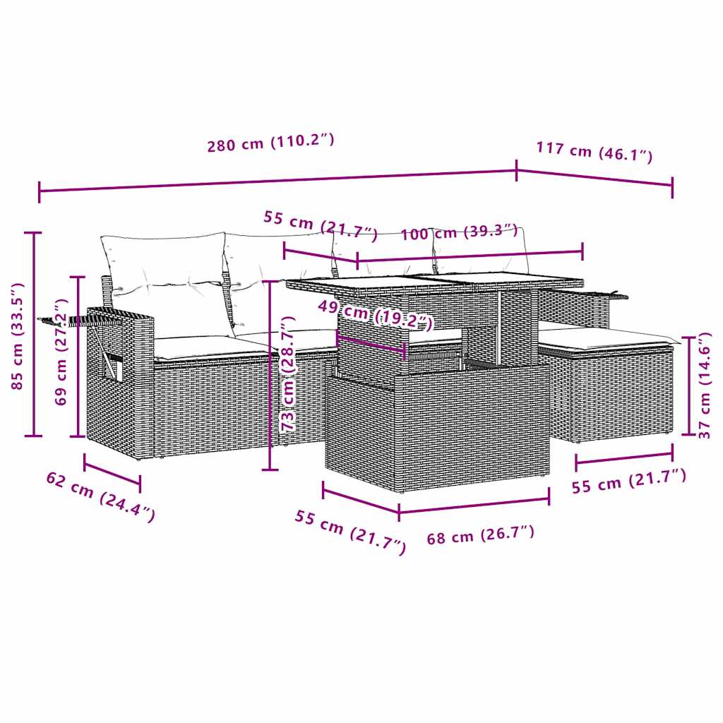 6-teiliges Gartensofa-Set mit Kissen, schwarzes Polyrattan