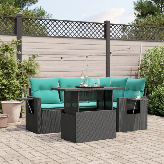 5-teiliges Gartensofa-Set mit Kissen, schwarzes Polyrattan