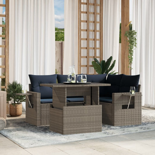 5-teiliges Gartensofa-Set mit Kissen, grau, Polyrattan
