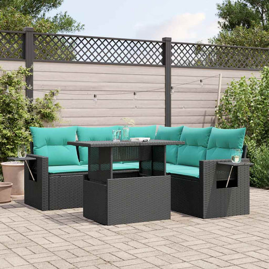 6-teiliges Gartensofa-Set mit Kissen, schwarzes Polyrattan