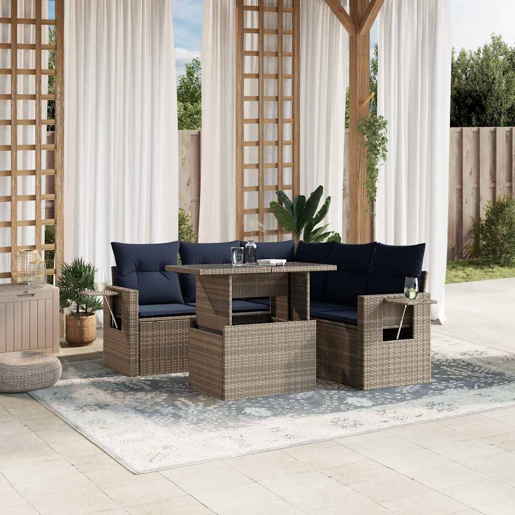 6-teiliges Gartensofa-Set mit Kissen, grau, Polyrattan