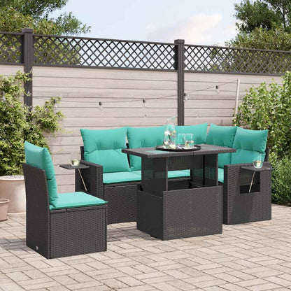 6-teiliges Gartensofa-Set mit Kissen, schwarzes Polyrattan