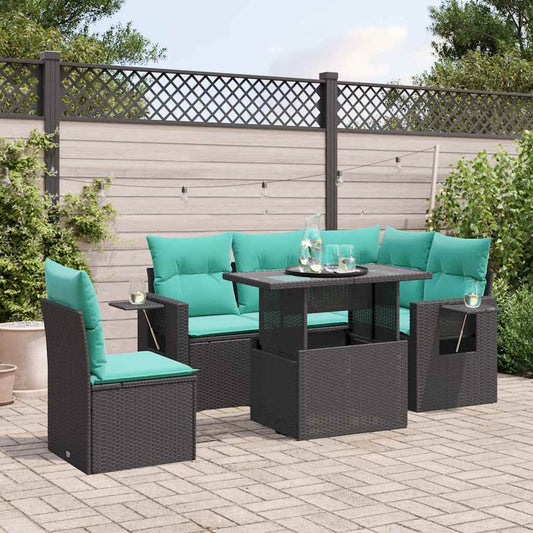 6-teiliges Gartensofa-Set mit Kissen, schwarzes Polyrattan