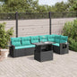7-teiliges Gartensofa-Set mit Kissen, schwarzes Polyrattan
