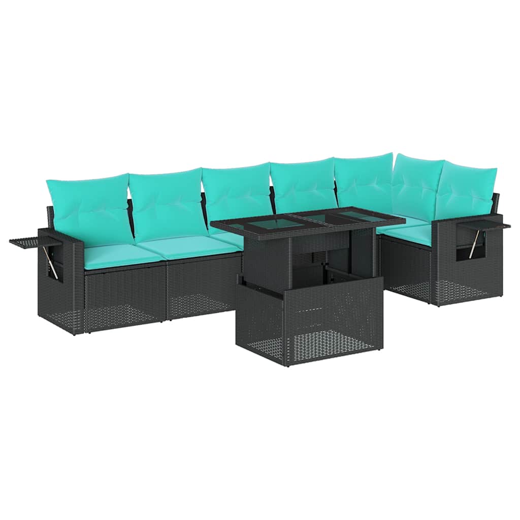 7-teiliges Gartensofa-Set mit Kissen, schwarzes Polyrattan