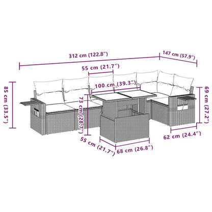 7-teiliges Gartensofa-Set mit Kissen, grau, Polyrattan