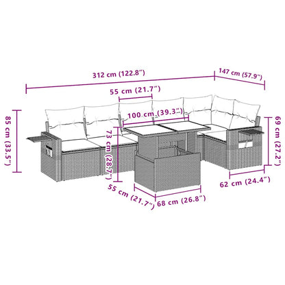 7-teiliges Gartensofa-Set mit Kissen, braun, Polyrattan