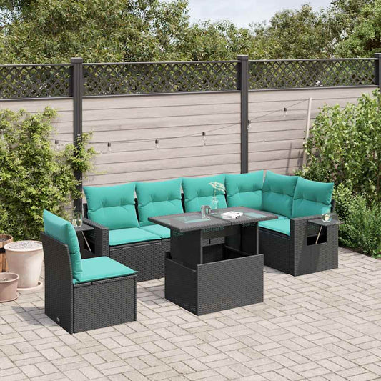 7-teiliges Gartensofa-Set mit Kissen, schwarzes Polyrattan