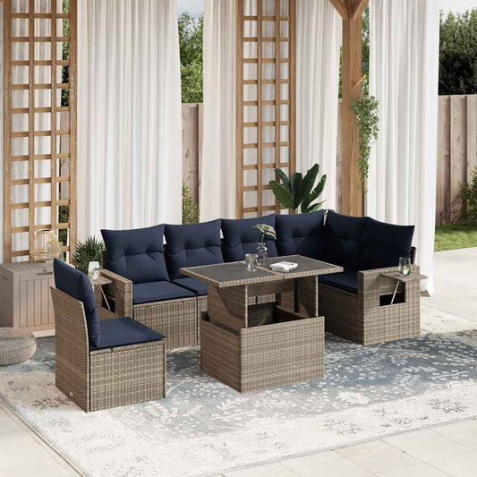 7-teiliges Gartensofa-Set mit Kissen, grau, Polyrattan