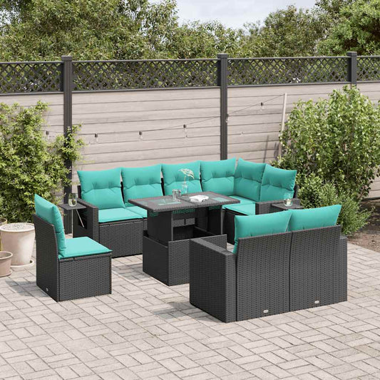 9-teiliges Gartensofa-Set mit Kissen, schwarzes Polyrattan