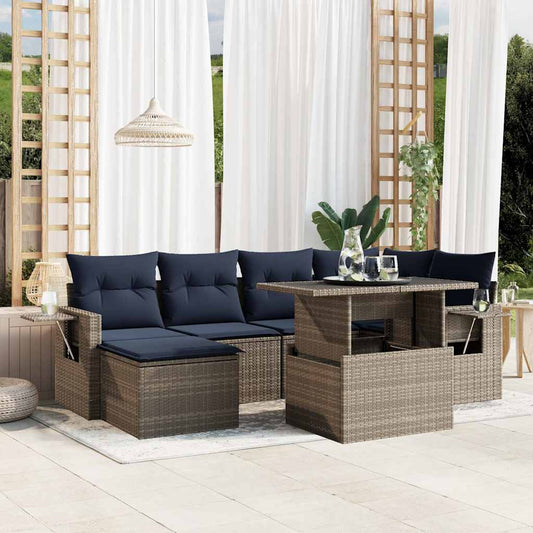 7-teiliges Gartensofa-Set mit Kissen, grau, Polyrattan