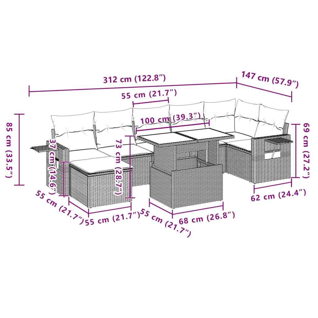 8-teiliges Gartensofa-Set mit Kissen, schwarzes Polyrattan