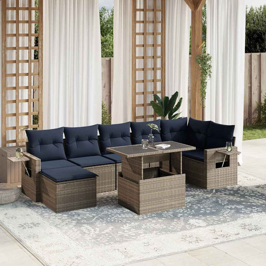 8-teiliges Gartensofa-Set mit Kissen, grau, Polyrattan