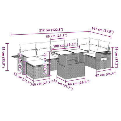 8-teiliges Gartensofa-Set mit Kissen, grau, Polyrattan