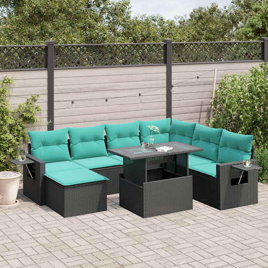 8-teiliges Gartensofa-Set mit Kissen, schwarzes Polyrattan