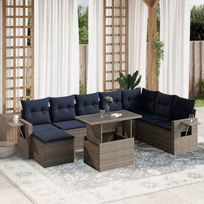 9-teiliges Gartensofa-Set mit Kissen, grau, Polyrattan