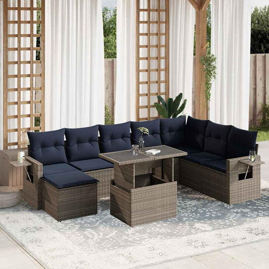 9-teiliges Gartensofa-Set mit Kissen, grau, Polyrattan
