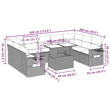 10-teiliges Gartensofa-Set mit Kissen, schwarzes Polyrattan