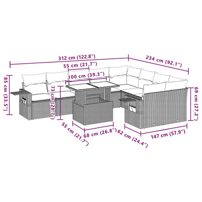 10-teiliges Gartensofa-Set mit Kissen, grau, Polyrattan