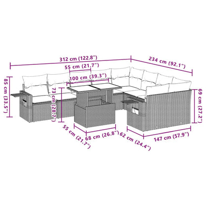 10-teiliges Gartensofa-Set mit Kissen, braun, Polyrattan