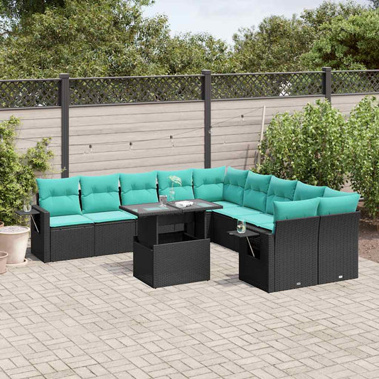 11-teiliges Gartensofa-Set mit Kissen, schwarzes Polyrattan