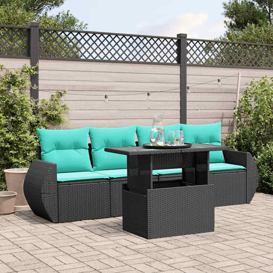 5-teiliges Gartensofa-Set mit Kissen, schwarzes Polyrattan