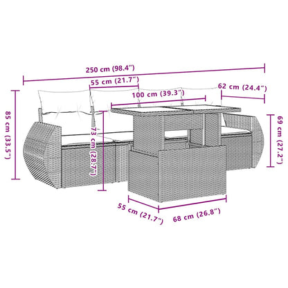 5-teiliges Gartensofa-Set mit Kissen, schwarzes Polyrattan
