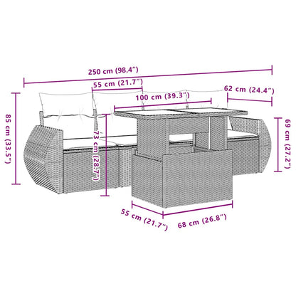 5-teiliges Gartensofa-Set mit Kissen, grau, Polyrattan